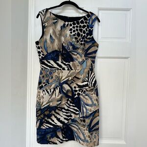 Animal Print Sheath Dress with Blue and Tan Accents